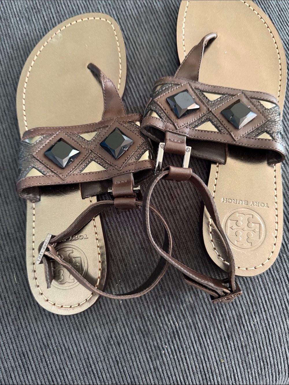 Tory Burch Brown Sandals with Black Gem Accents